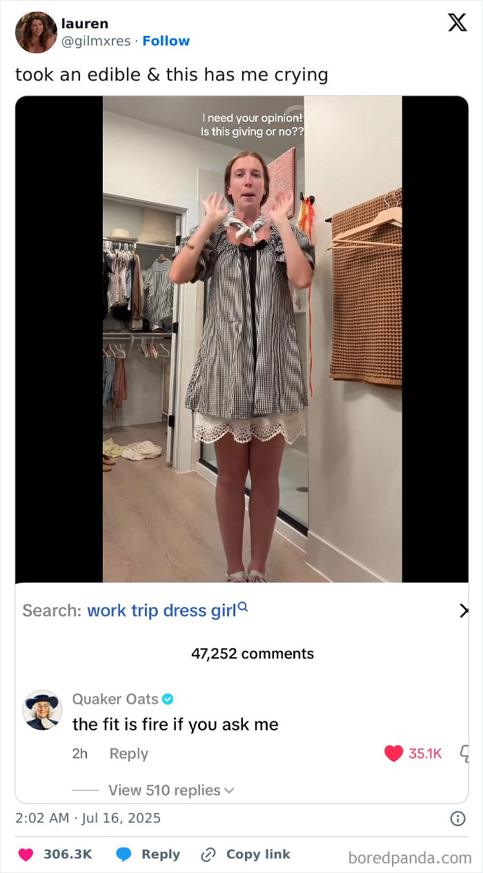 Person in a funny dress sharing a tweet about a work trip dress, part of hilarious tweets that went viral in July.