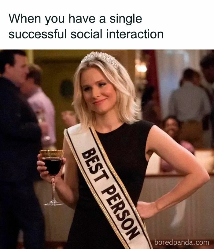 Woman wearing best person sash holding wine glass, expressing introvert-worthy meme about successful social interaction.