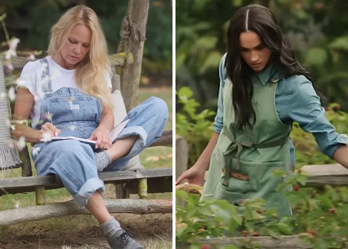 Pamela Anderson and Meghan Markle pictured outdoors, linking to fans accusing Meghan of copying Pamela’s cooking show. - 9