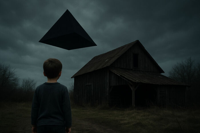 Child standing near an old wooden house at night, looking at a floating black pyramid in the woods, evoking sleepless fear. - 11