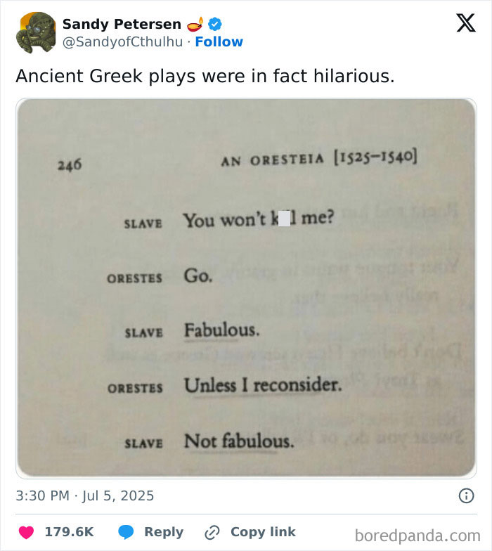 Tweet about ancient Greek plays with hilarious dialogue, featured in a collection of hilarious tweets from July.