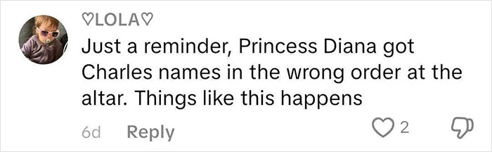 Comment mentioning confusion about bride&rsquo;s reaction after groom says his ex&rsquo;s name during wedding vows.