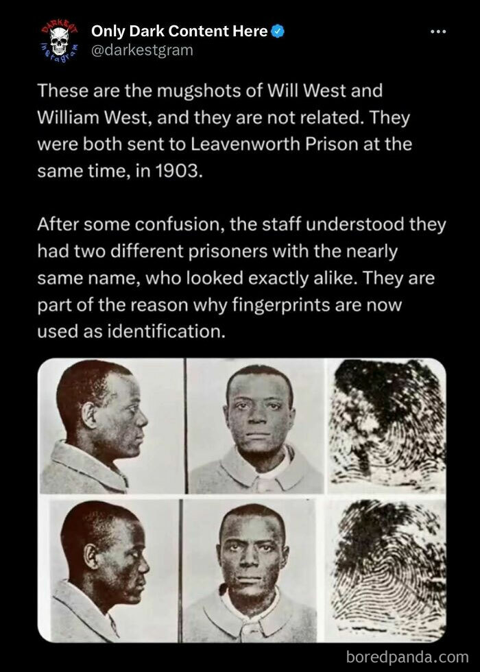 Post from Darkest Page On Instagram showing mugshots of two prisoners with nearly identical faces but different fingerprints from 1903.