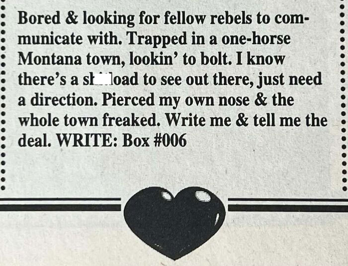 Vintage personals ad from a small Montana town seeking connection and romance, featuring a pierced nose detail.