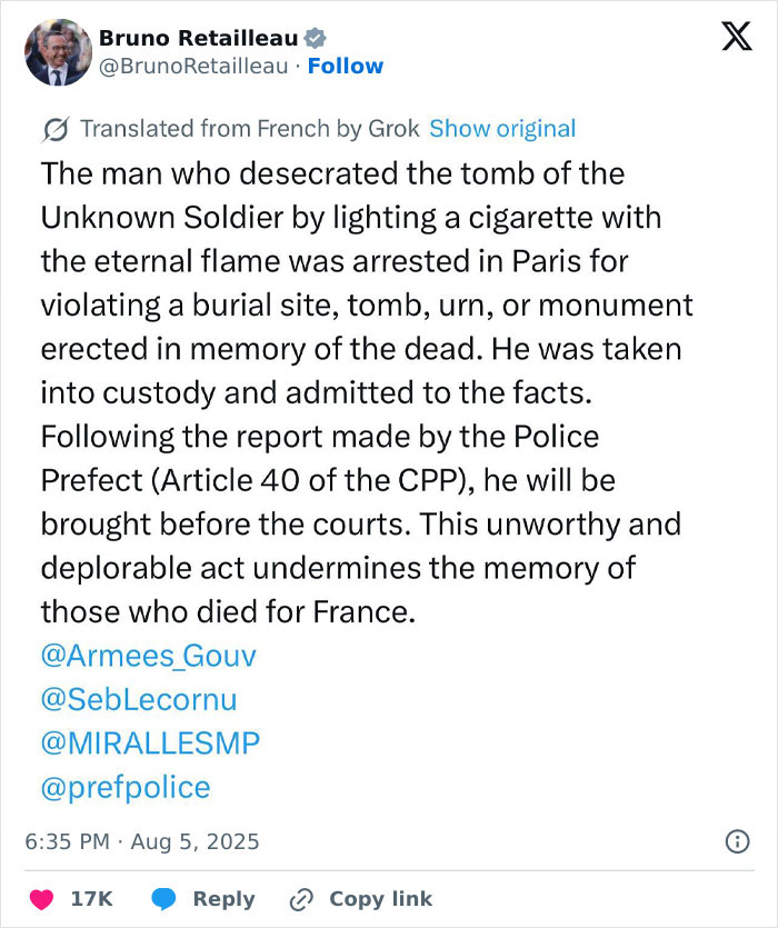 Tweet by Bruno Retailleau detailing arrest of man lighting cigarette on tomb of Unknown Soldier, facing deportation.