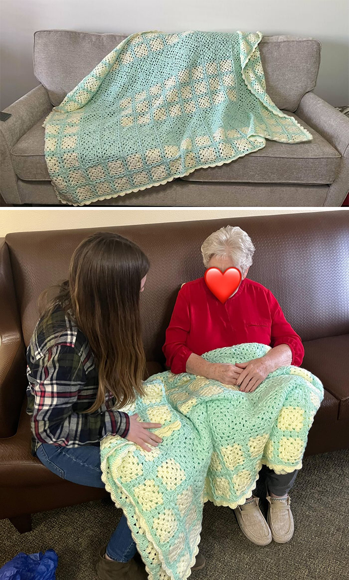 Crochet enthusiasts share a handmade pastel blue and cream crocheted blanket draped on couches and loved by family.