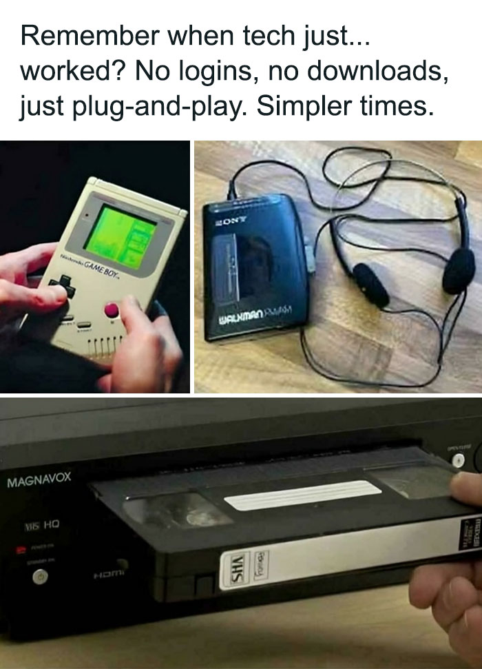 Hands holding a vintage Game Boy, a Sony Walkman with headphones, and a VHS tape being inserted into a player nostalgic 90s tech