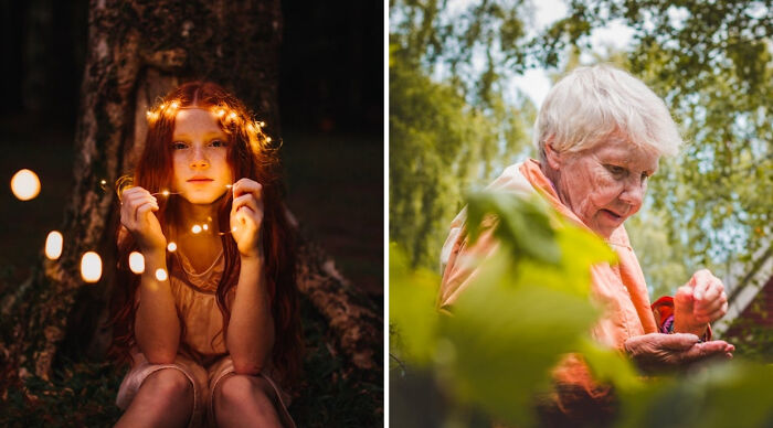 Young girl with fairy lights outdoors and elderly woman gardening, illustrating choices in a would you rather poll 3 scenario.