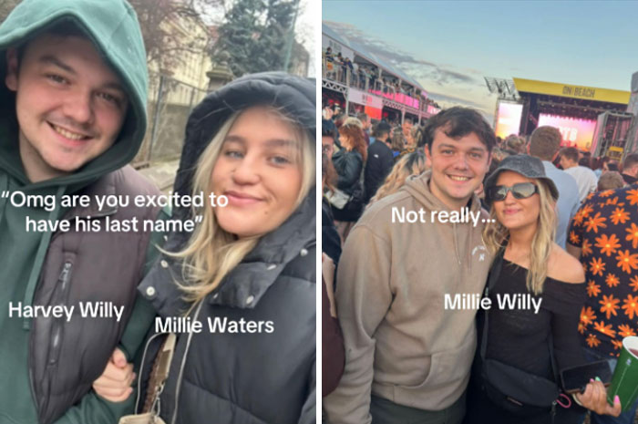 Couples reacting humorously to the married surname trend with playful name swaps at outdoor and event settings.