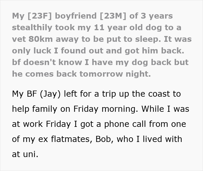 Text post describing a boyfriend dragged online for trying to stealthily euthanize his girlfriend&rsquo;s dog without her knowledge.