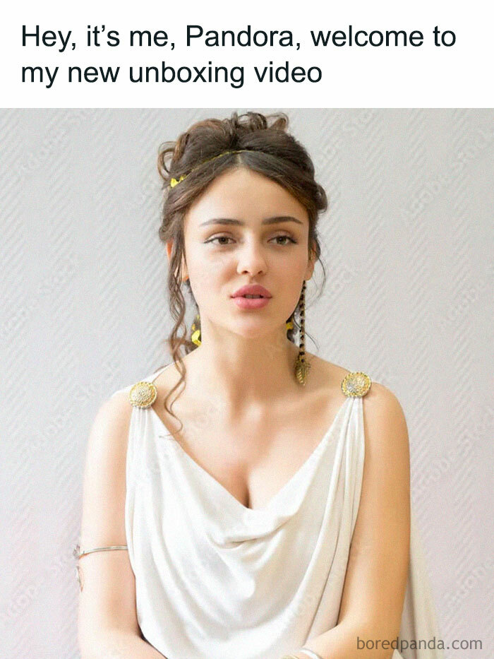 Young woman dressed as Pandora in a white toga with gold accents, referencing mythology in a humorous unboxing video meme.
