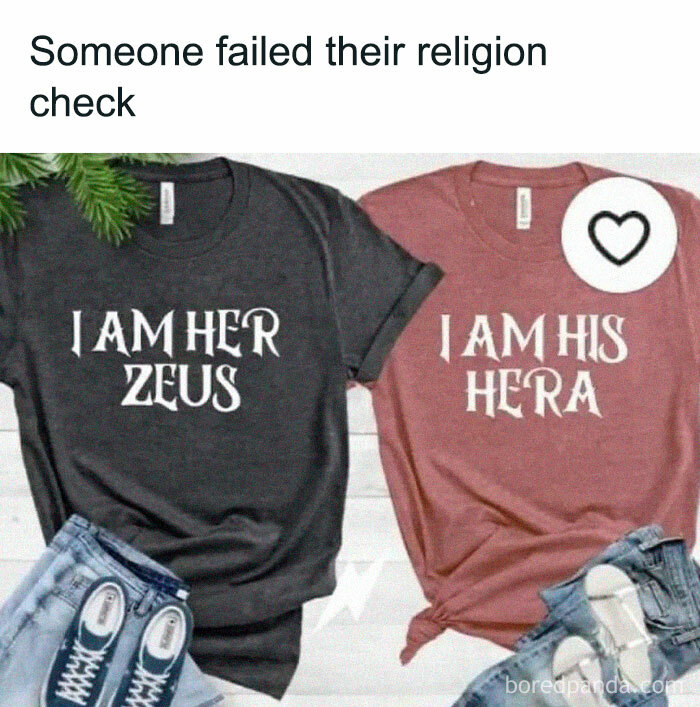 Couple wearing mismatched mythology-themed shirts, humorously highlighting chaos in ancient reality TV memes.