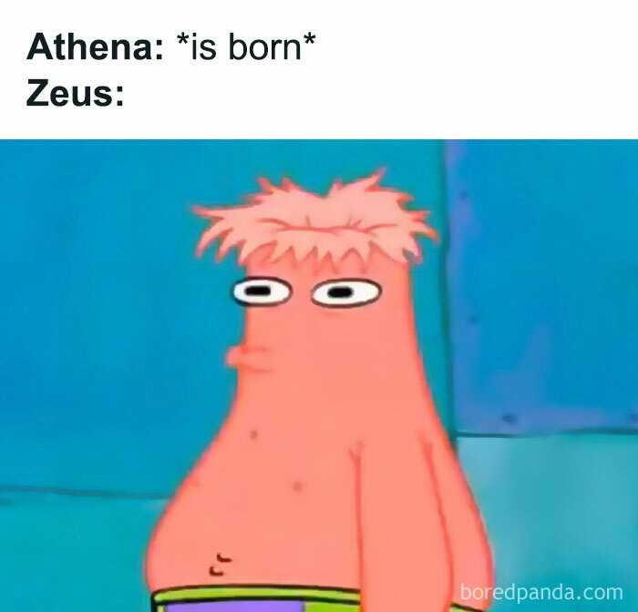 Cartoon meme showing a confused character reacting to the birth of Athena, highlighting mythology chaotic memes.