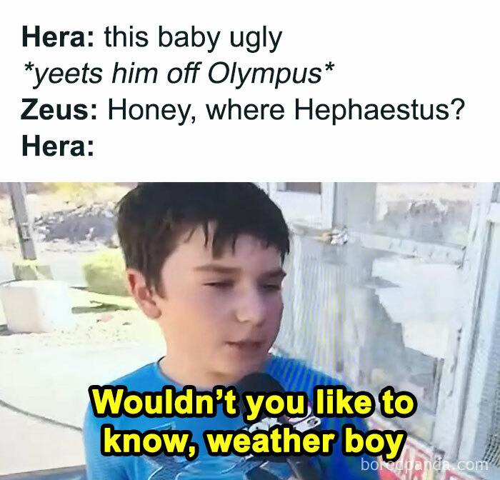 Boy being interviewed outside with text meme about Hera yeeting Hephaestus off Olympus in chaotic mythology memes.