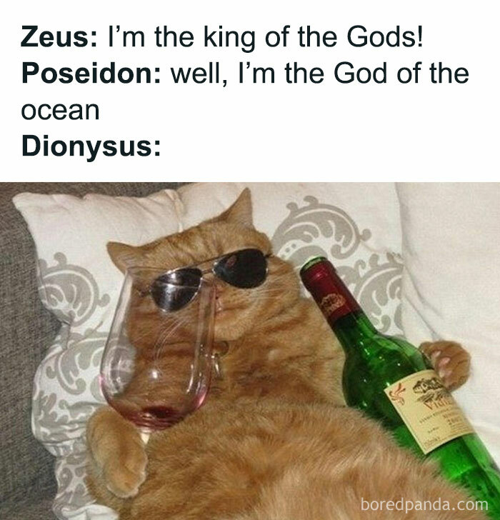 Cat wearing sunglasses, holding a wine bottle and glass, humorously representing chaotic mythology memes with ancient reality TV vibes.