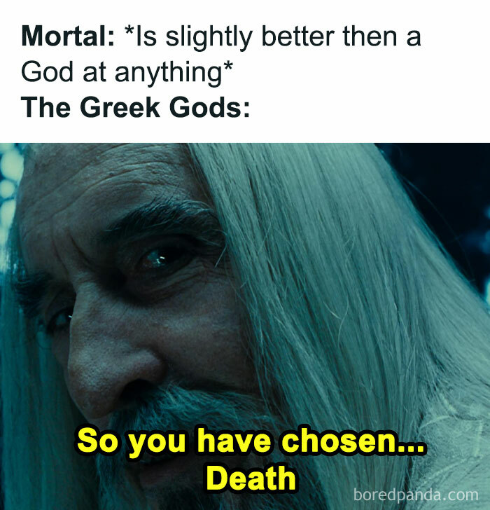 Close-up of an ancient god with long white hair threatening a mortal in mythology chaotic memes about Greek gods.