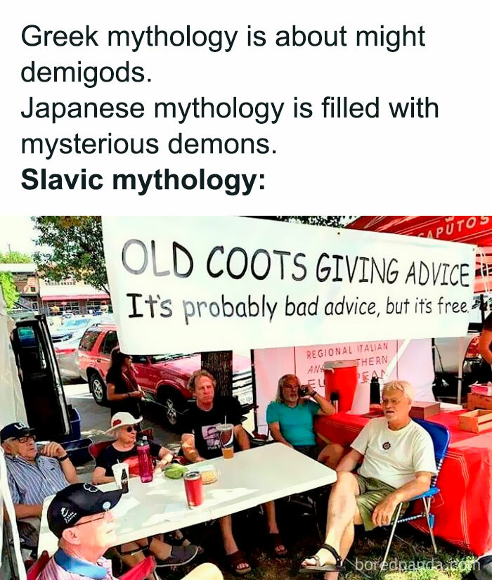 Group of older people sitting outdoors under a sign humorously linking Slavic mythology with chaotic ancient reality TV memes.