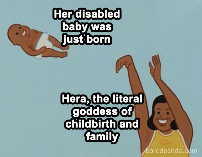 Baby being thrown with text referencing Hera, highlighting chaotic mythology memes and ancient reality TV humor.