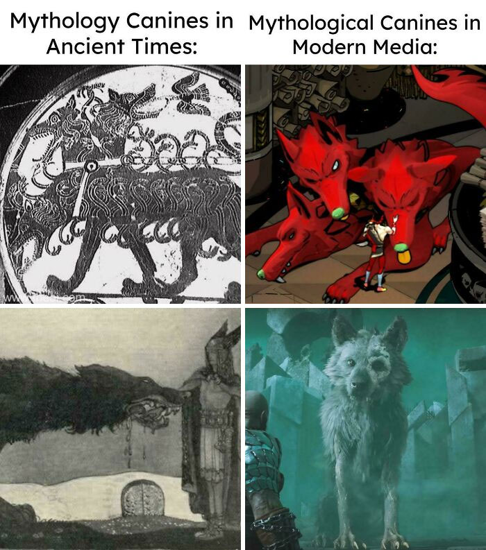 Comparison of mythology canines in ancient times and modern media showing artistic and digital depictions of legendary dogs.