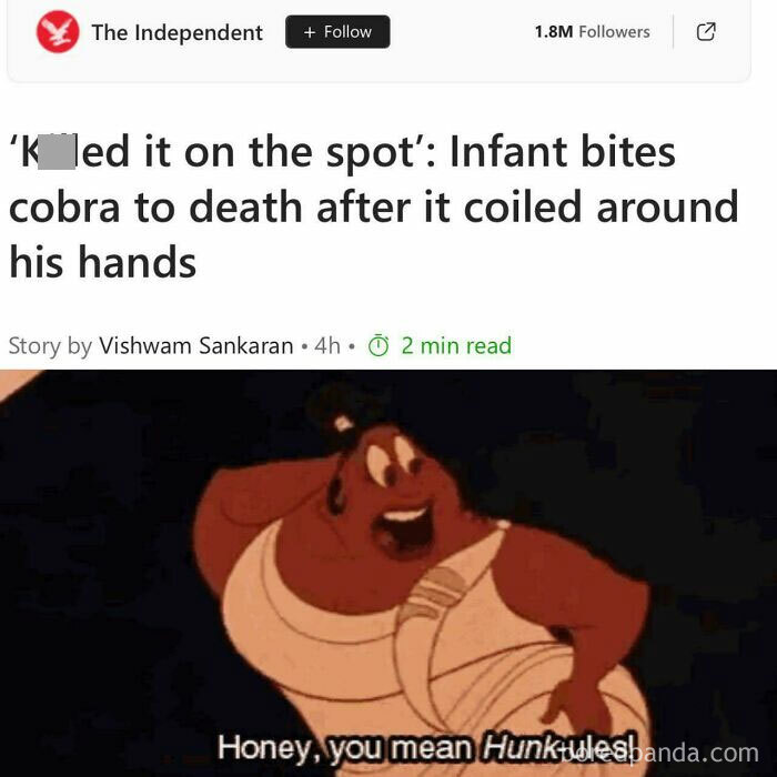 News headline about an infant biting a cobra, paired with a comedic Hercules meme from chaotic mythology memes.