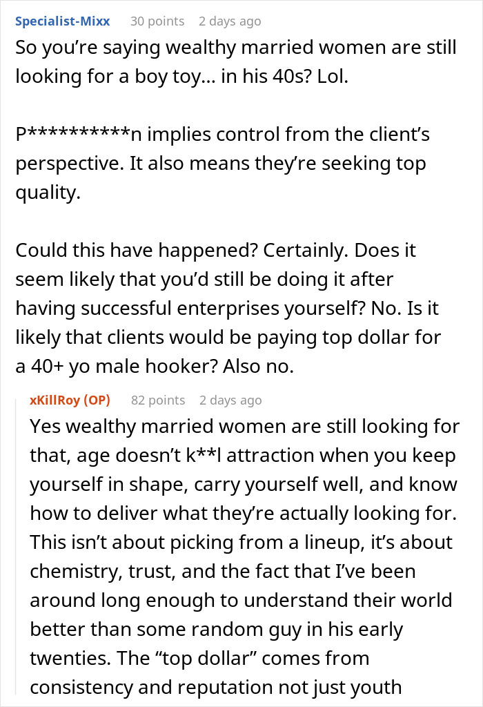 Online discussion about paid companion experiences with wealthy married women, focusing on attraction and client expectations.