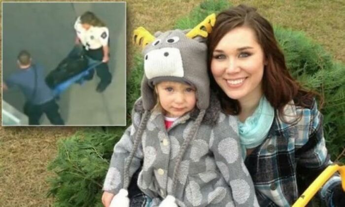 A young child in a gray animal hat sitting with a smiling woman outdoors, alongside an inset showing a morbid knowledge scene.