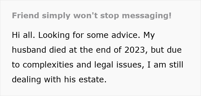 Text message screenshot about a friend who won&rsquo;t stop messaging during a difficult time involving estate issues.