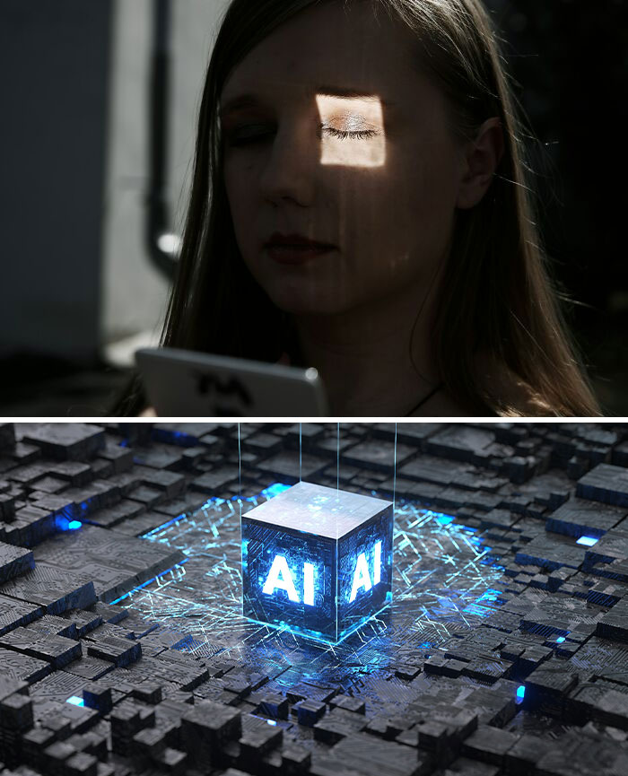 Young woman focused on smartphone with light on her closed eye, representing curiosity and learning new facts.