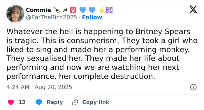 Tweet expressing major worry about Britney Spears and her situation, highlighting concerns sparked by a wild video from a messy house.