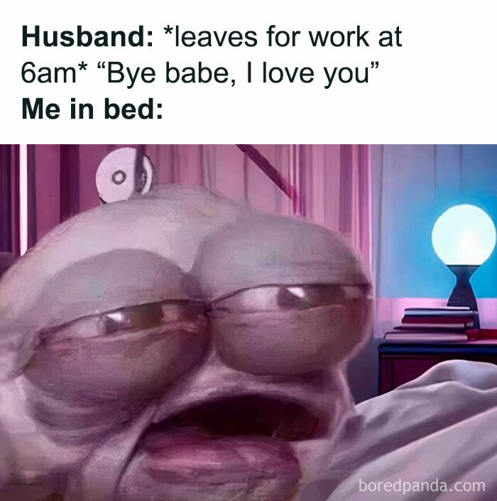 Parenting meme showing tired mom in bed as husband leaves for work early morning, capturing relatable cool mom moments.