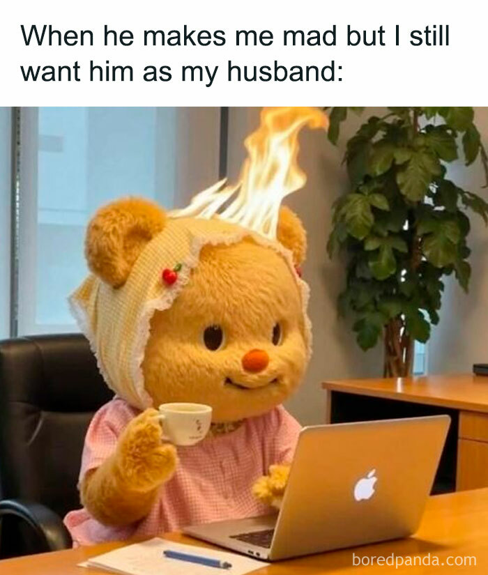 Bear character with hair on fire holding a teacup, showing frustration and humor about parenting and being a cool mom.