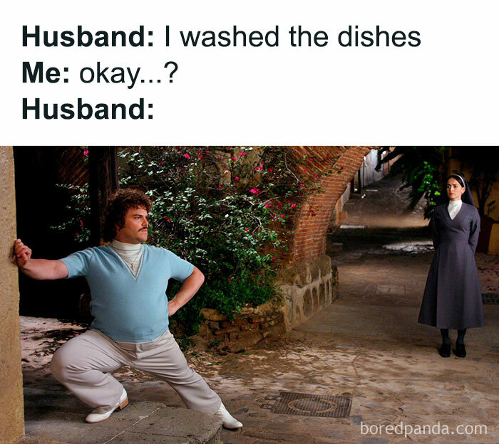 Husband dramatically posing after washing the dishes, humorous meme capturing parent humor as a cool mom moment.