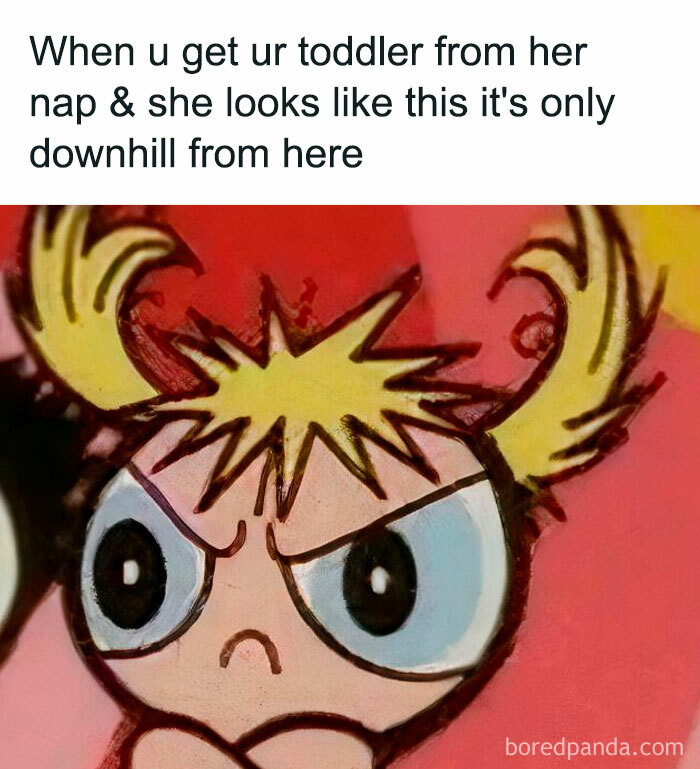 Meme showing a toddler with an angry face illustration, capturing a funny moment of parenting and cool mom life.