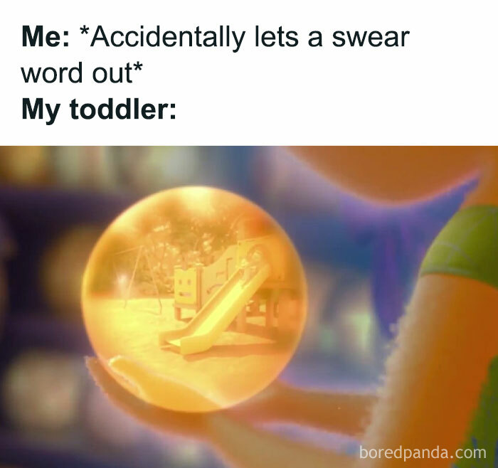 Parenting meme showing a toddler repeating swear words after accidentally hearing a parent, capturing cool mom humor.