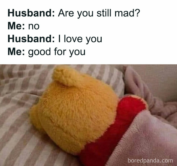 Humorous parenting meme showing a stuffed bear turned away, capturing cool mom attitude in family life.