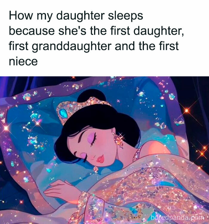 Animated princess peacefully sleeping in sparkling attire illustrating being a cool mom and parenting humor meme.