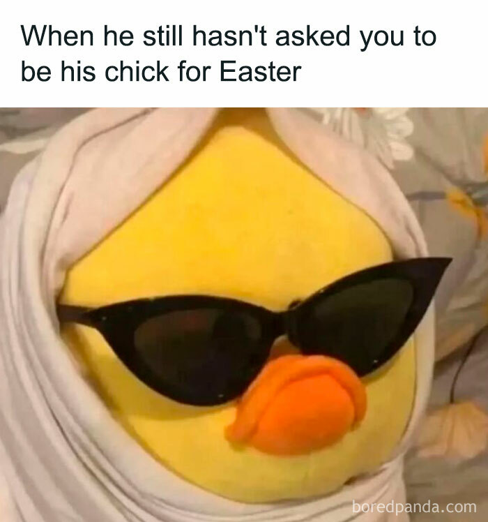 Plush chick wearing sunglasses and a headscarf, humorously capturing the cool mom vibe in a parenting meme.