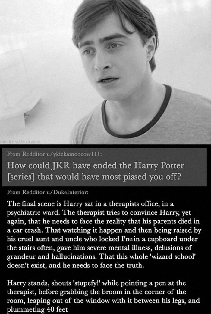 Black and white meme showing a confused man with text about a random meme imagining a chaotic Harry Potter ending.