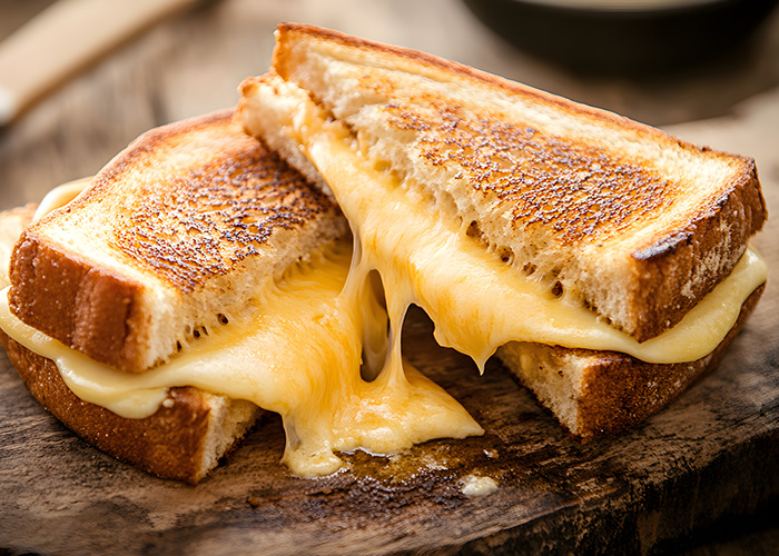 Grilled cheese sandwich with melted cheese oozing between toasted bread slices on a wooden surface.