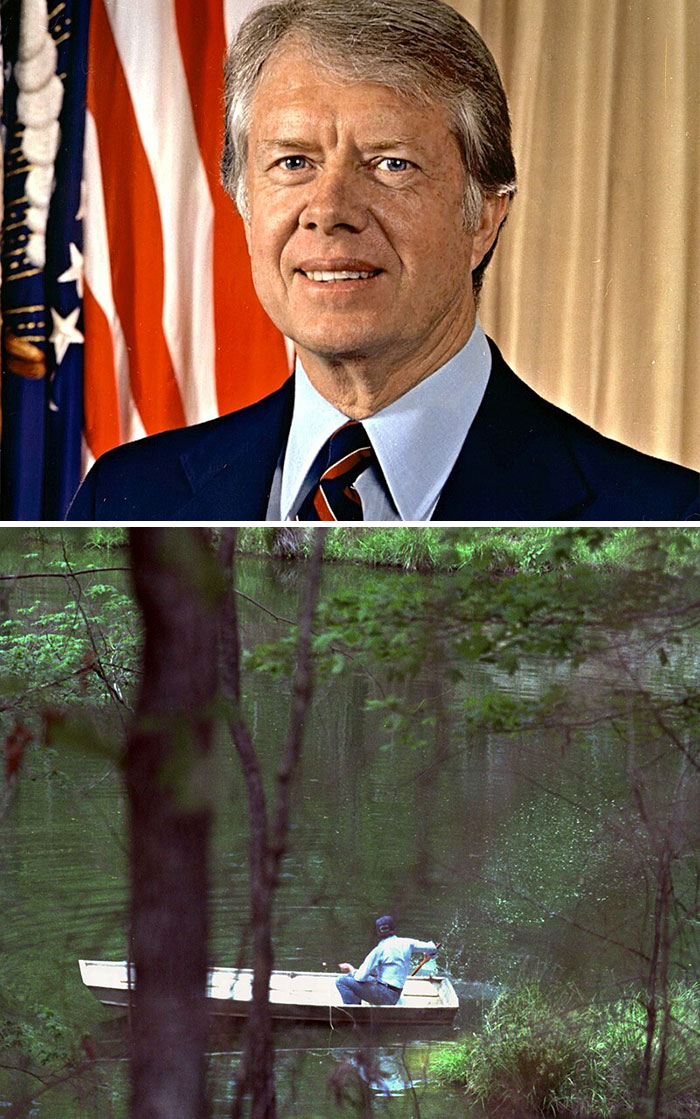 Portrait of a man in a suit with flags behind and a person fishing on a riverbank in a small boat, Boops Boops fish.