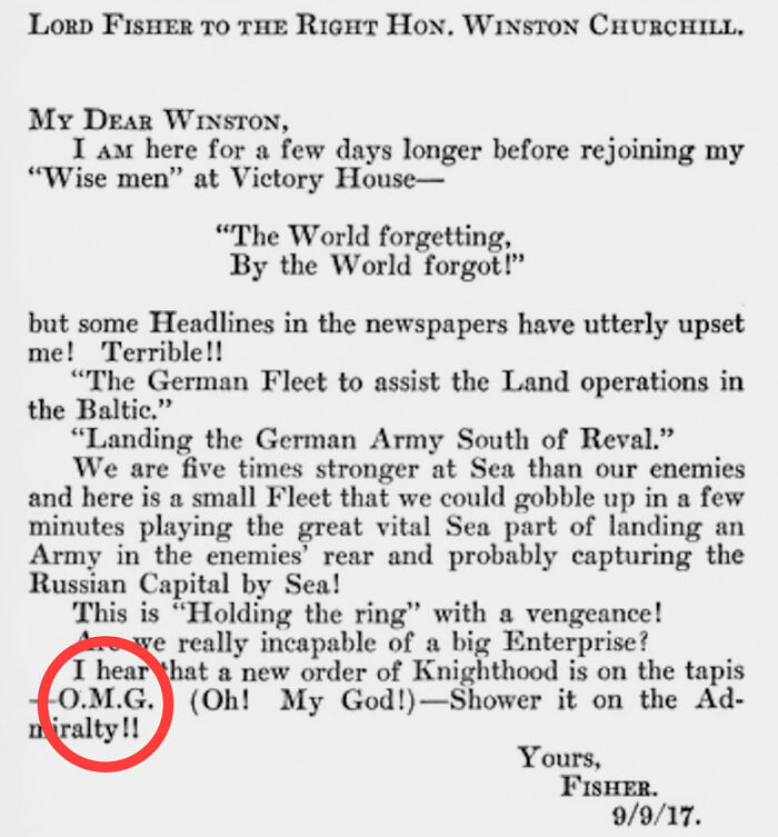 Historical letter excerpt mentioning O.M.G. with text styled in a vintage typewriter font from 1917 document.