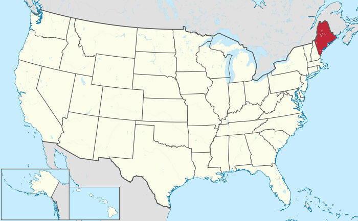 Map of the United States with the state of Maine highlighted in red, related to fish species Boops boops.