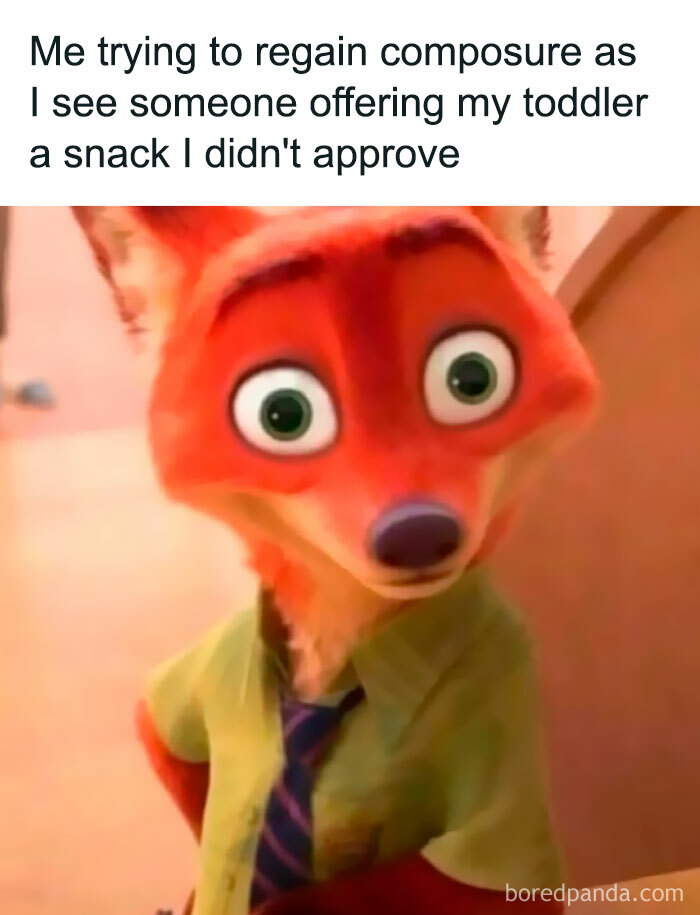 Fox from Zootopia looking surprised with text about a parent trying to stay calm when toddler is offered unapproved snack.