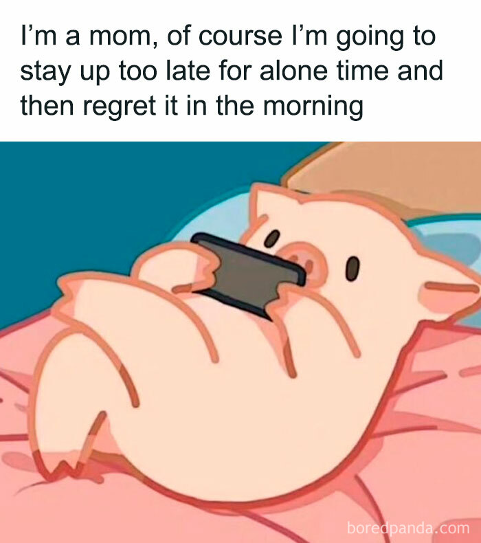 Cartoon pig lying in bed using phone late at night representing relatable parenting meme about staying up too late.