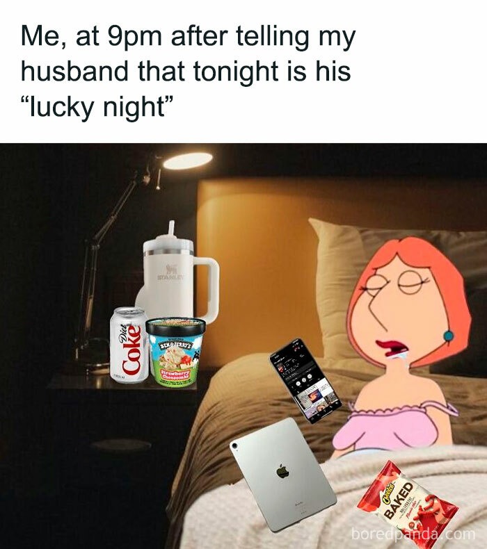 Cartoon mom in bed surrounded by snacks and devices, humorously capturing cool mom parenting life at night.