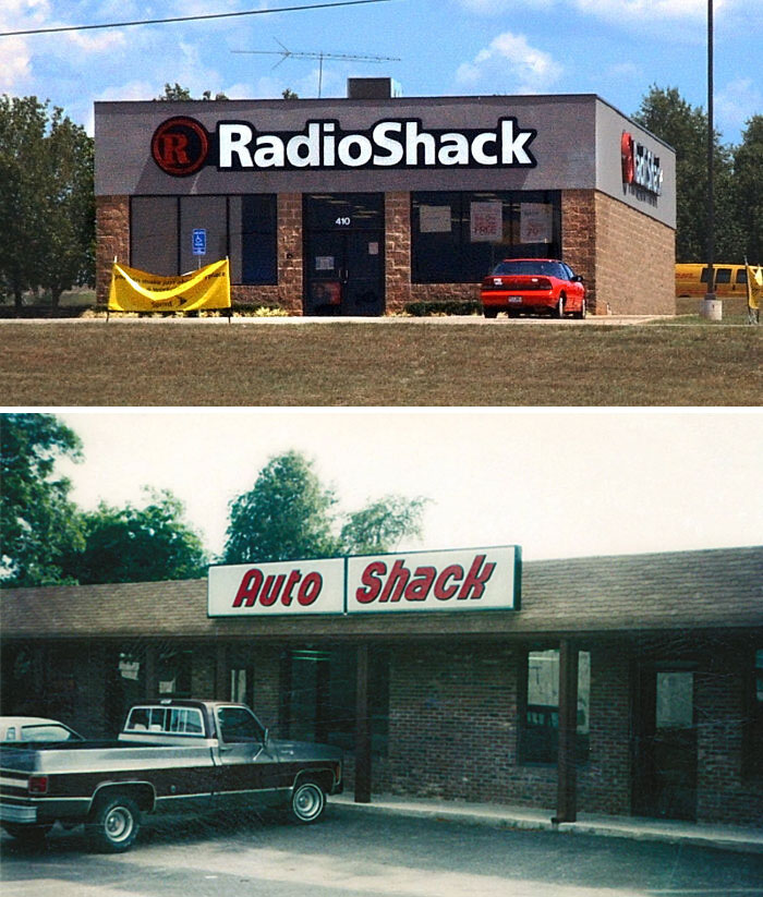 Two storefronts named RadioShack and Auto Shack with parked vehicles in front on a sunny day, unrelated to Boops Boops fish.