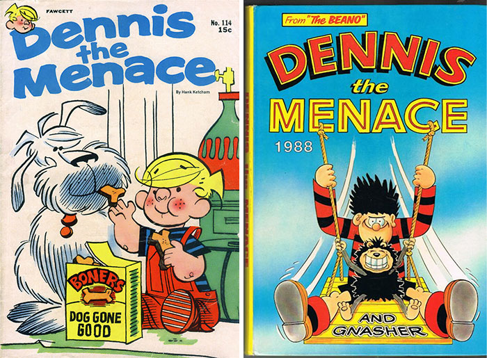 Comic book covers of Dennis the Menace featuring the fish with the scientific name Boops Boops concept.
