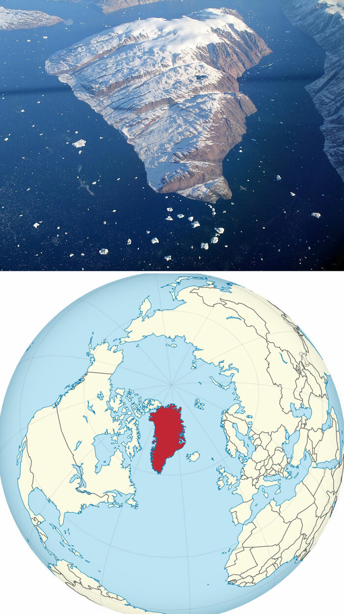 Aerial view of Greenland’s icy coastline and a globe highlighting Greenland near the Arctic, related to Boops boops fish facts.