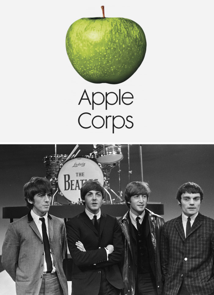 Green apple logo for Apple Corps above a black and white photo of The Beatles standing in front of a drum set.