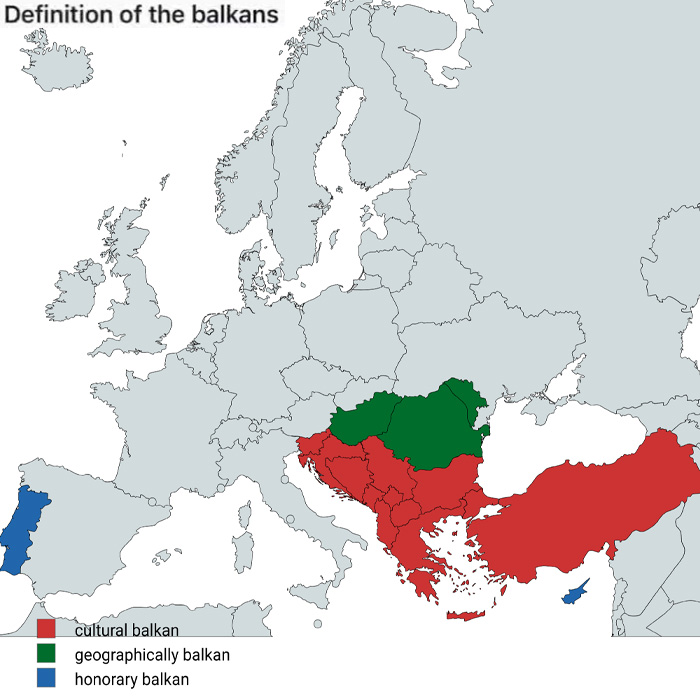 Map of Europe showing cultural, geographical, and honorary Balkan regions in red, green, and blue for geography facts and maps.